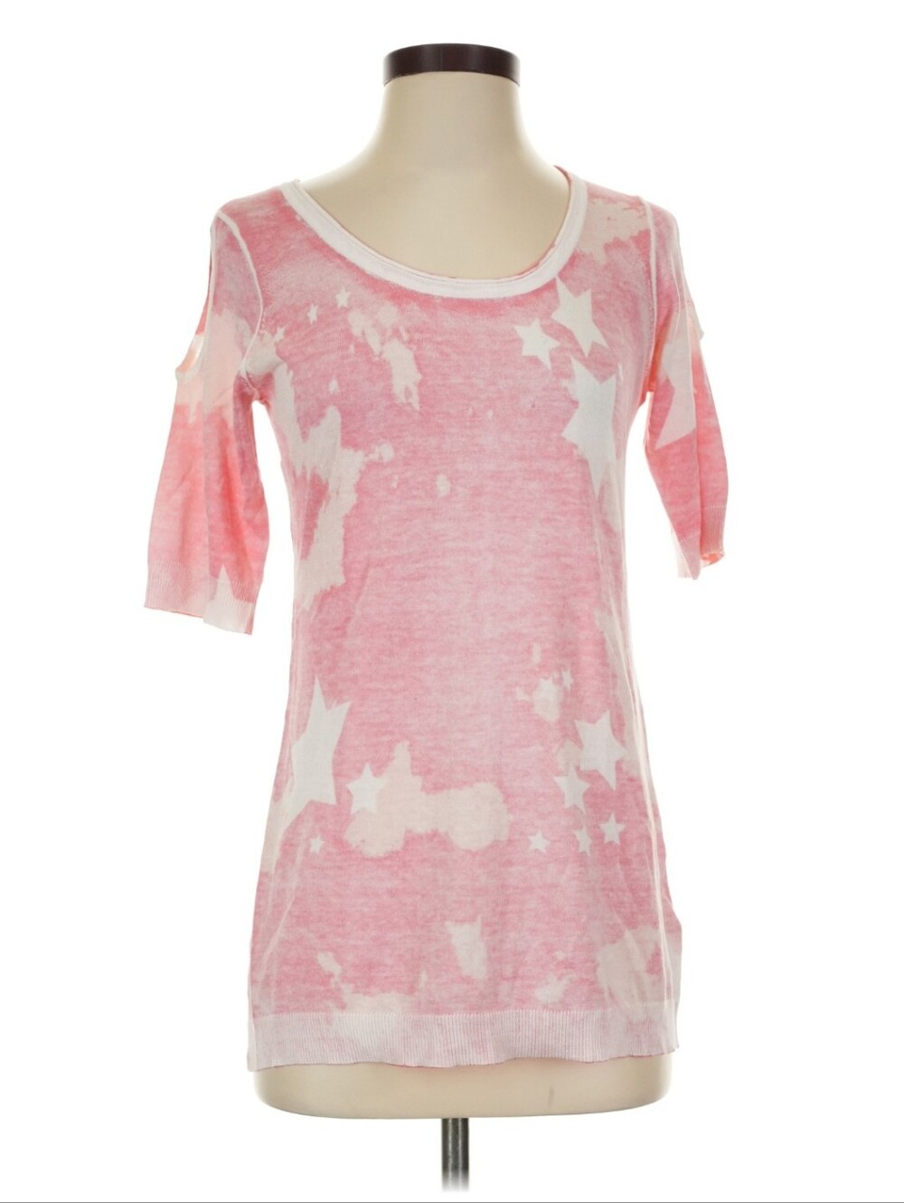 Soft Surroundings Sm Women’s Pink Star-Print Short Sleeve Top w Cold Shoulder